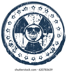 Vector illustration blue old dirty round stamp with abstract grunge skull on radiation sign and stars