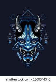 Vector illustration blue oni, hannya, Japan mask in sacred geometry pattern