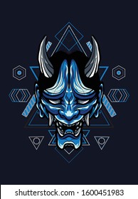 vector illustration blue oni, hannya, Japan mask in geometric pattern