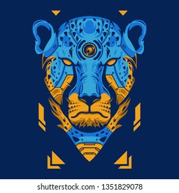 Vector Illustration. Blue and Orange Cheetah Head in Blue Background