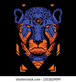 Vector Illustration. Blue and Orange Cheetah Head in Black Background