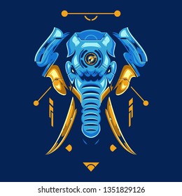 Vector Illustration. Blue and Orange Elephant Head in Blue Background