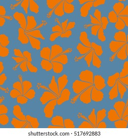 Vector illustration of blue and orange hibiscus flowers. Seamless pattern with blue and orange flowers. Vector illustration.