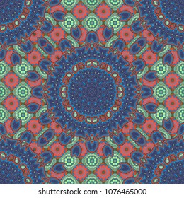 Vector illustration. Vector blue, orange and violet simple mandala optical illusion, psychedelic trippy abstract seamless pattern texture.