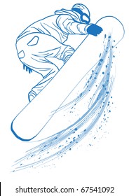 Vector illustration of blue outline of   athlete touching her snowboard