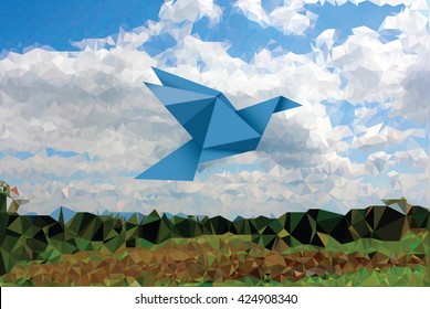 vector illustration with blue paper bird in sky with landscape, low poly