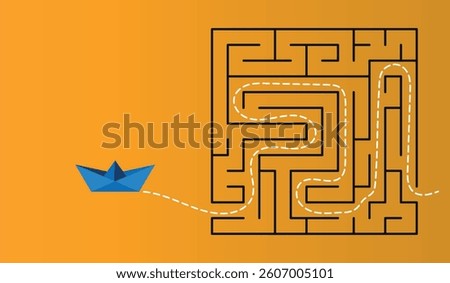 Vector illustration of a blue paper boat navigating out of a complex maze with a dashed path on an orange gradient background. Concept of problem-solving.