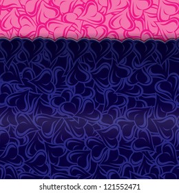 Vector illustration blue paper with hearts on top of pink paper with hearts seamless background