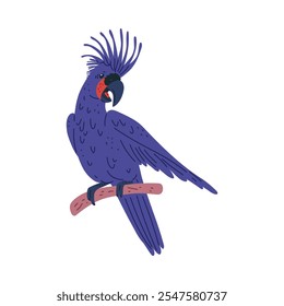 Ilustración vectorial de una cacatúa de loro azul sentada en una rama. Personaje infantil brillante en un estilo de dibujos animados planos. Pájaro exótico para el diseño de los niños. Fondo blanco aislado. Fauna.