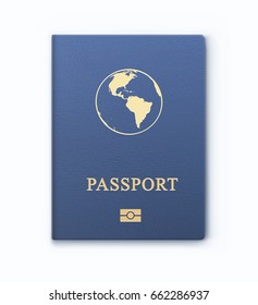 Vector illustration of blue passport with map, international identification document for travel, isolated on white background