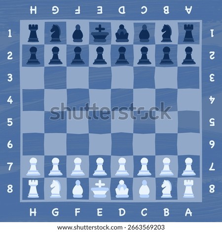 Vector illustration of a blue pastel chessboard with labeled coordinates and all chess pieces arranged in their standard starting positions. Ideal for educational use, chess tutorials, strategy materi