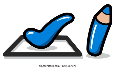 Vector illustration of blue pencil and check box with check mark.
