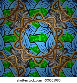 Vector illustration of blue petals flowers. Seamless pattern with flowers on motley background.