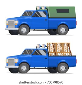 Vector Illustration blue pick-up truck, village, delivery of chickens, wooden boxes. Country farm.