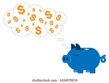 Vector illustration of Blue piggy bank thinking of dollas on white background, Save money for prepare in future concept 