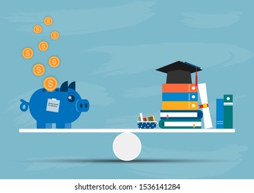 Vector illustration of Blue piggy bank with gold coin and Graduation hat on a book on seesaw, Saving money for education concept
