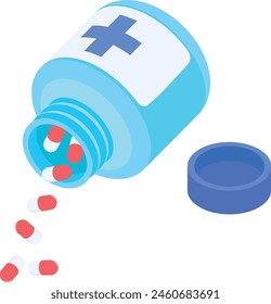 A vector illustration of a blue pill bottle tipping over and spilling red pills onto a white background.