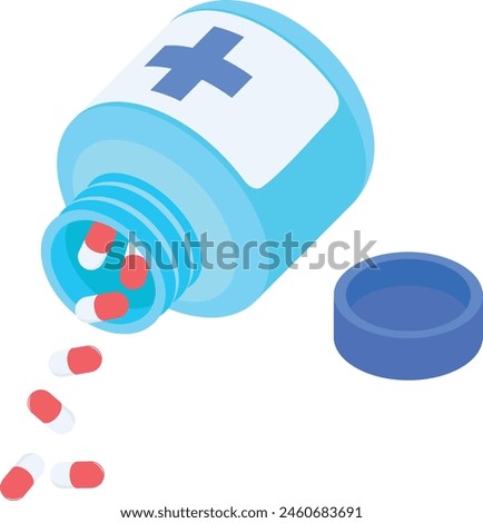 A vector illustration of a blue pill bottle tipping over and spilling red pills onto a white background.