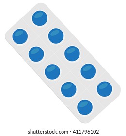 Vector illustration blue pills blister. Tablet strip icon. Round pills in a blister pack