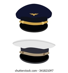 Vector Illustration Blue Pilot Cap With Badge And White Captain Navy Hat Or Cap. Uniform. Civil Aviation And Air Transport. 