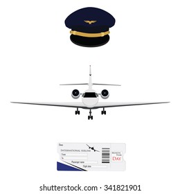Vector illustration blue pilot cap with badge, uniform. Civil aviation and air transport. Airplane ticket plane ticket, boarding pass, check in. Private business jet