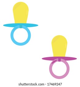 Vector illustration of a blue and a pink baby pacifier. For jpeg version, please see my portfolio.