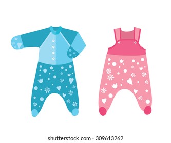 Vector illustration of blue and pink child's romper suit with funny print on white isolated background