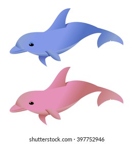 Vector Illustration. Blue And Pink Dolphins Isolated On White.