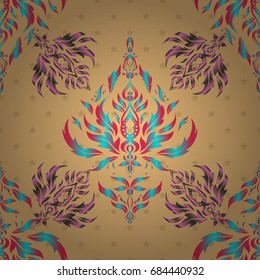 Vector illustration. In blue, pink and green colors. Ikat damask seamless pattern background tile.