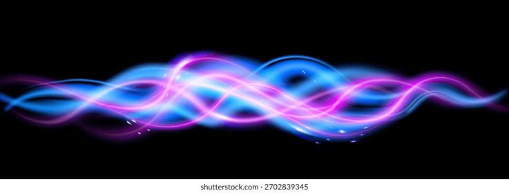 Ilustración vectorial de luz azul y rosa. Tecnología futurista de flujo de ondas de sonido con movimiento de velocidad abstracto moderno. Efecto de brillo ondulado sobre fondo negro para el Anuncio, cartel
