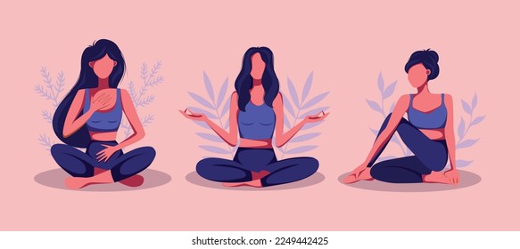 Vector illustration blue pink palette yoga girls set is engaged in yoga and meditation in no face illustration