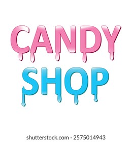 Vector illustration of a blue and pink text lettering Candy shop fluid melt dripping liquid flow dripping on a white background