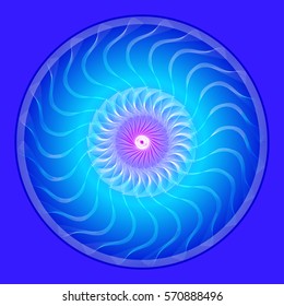 Vector illustration of blue and pink undulating light and bright mandala on the blue background.
