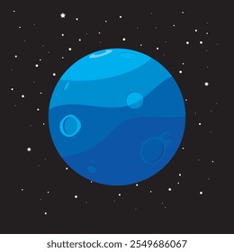 Ilustración vectorial de un planeta azul con cráteres rodeados de estrellas en el espacio exterior, con un diseño plano minimalista y moderno.