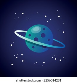 Vector illustration of blue planet icon in space, craters, stars, solar system, galaxy, milky way.
