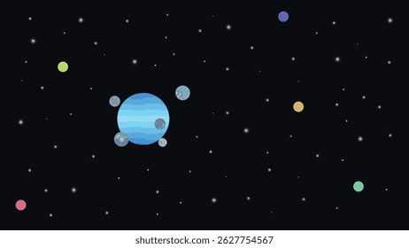 a vector illustration with a blue planet surrounded by its natural satellites in a calm space