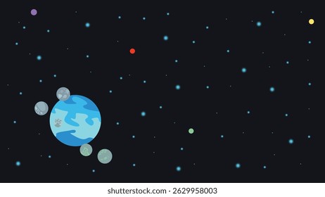 a vector illustration with a blue planet surrounded by its natural satellites