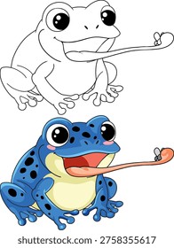 Vector illustration of a blue poison dart frog catching a fly with its long tongue