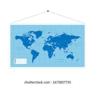 Vector illustration of blue political world geographical map hanged on school wall isolated on white background. Back to school, Day of knowledge, school supplies, Teachers day, education concept