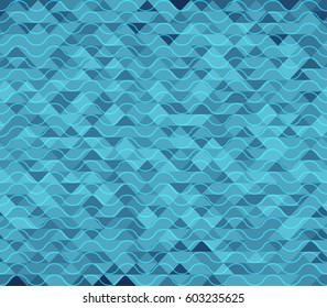 Vector illustration of blue polygon and wave. Soft colored abstract geometry seamless pattern background.