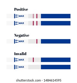 Vektorillustration der blauen positiven, negativen und ungültigen HCG-Schwangerschaftsteststreifen. Flaches Design, schwangere Frau Test mit Ergebnis einzeln auf weißem Hintergrund. Ergebnis der ärztlichen Ovulation