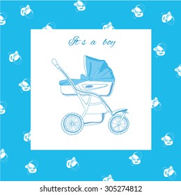 Vector illustration of blue pram with nipples and text. Template for card