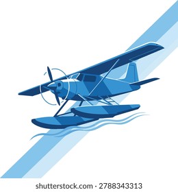 Vector illustration of a blue propeller seaplane with floats in a modern geometric style