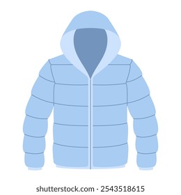 Ilustración vectorial. Chaqueta de invierno abrigada azul con capucha. Estilo plano dibujado a mano aislado. Ilustración vectorial