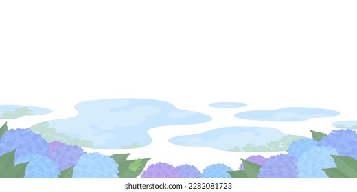 Ilustración vectorial de flores de hidrangea azul y púrpura y charcos de lluvia aislados en el fondo.