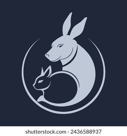 Vector illustration of blue rabbit sitting beside dog