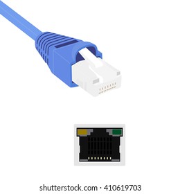 Vector illustration blue realistic ethernet network cable and port. Cable icon. Ethernet connector for mobile apps, web sites