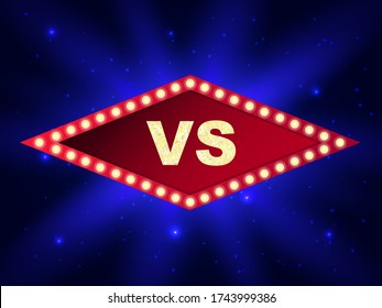 Vector illustration. Blue and red background with frame for game competition. Versus letters.