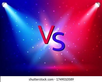 Vector illustration. Blue and red background with lights for game competition. Versus letters.