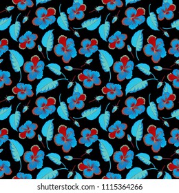 Vector illustration. Blue, red and black hibiscus seamless pattern. Vector seamless pattern with tropical flowers in watercolor style.